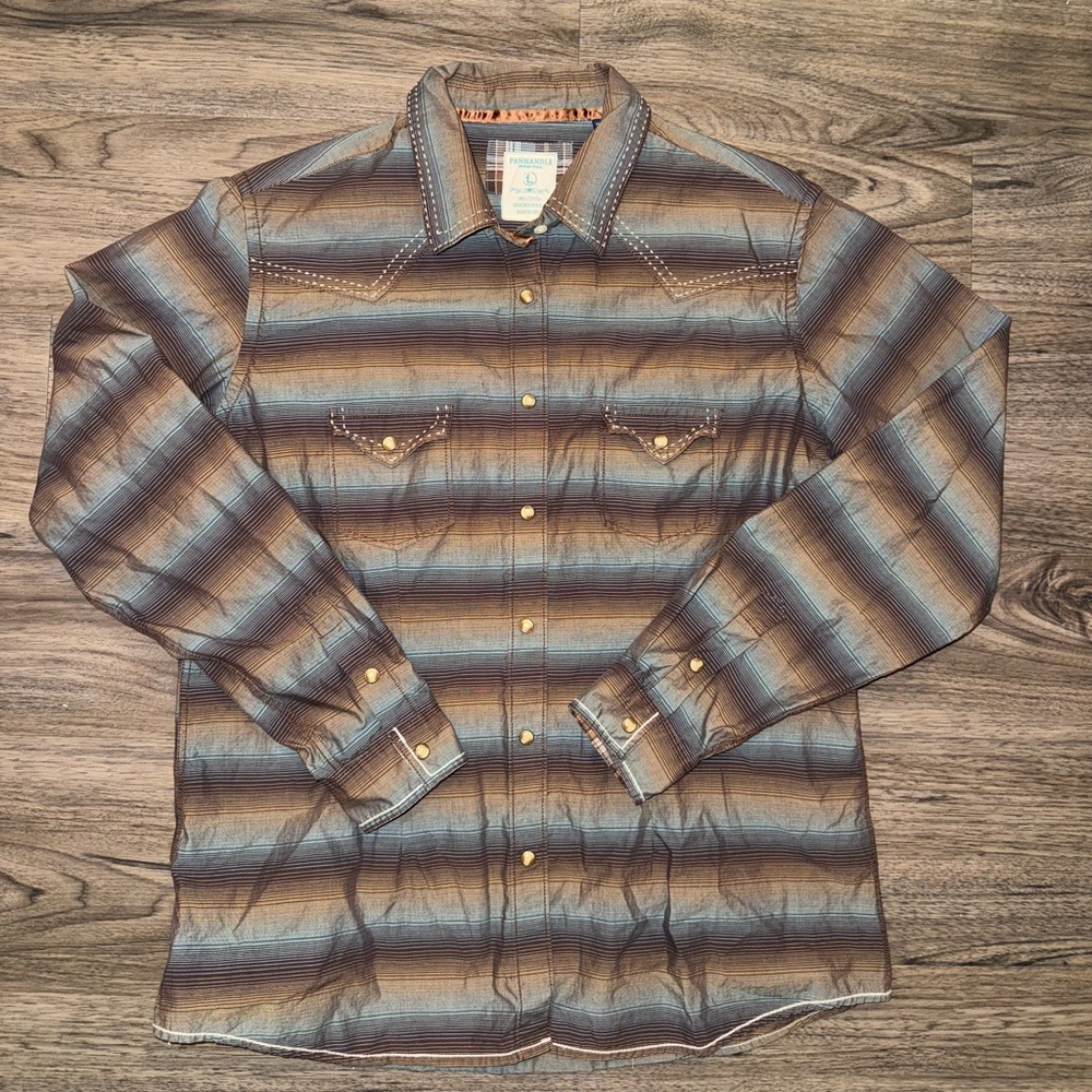 PANHANDLE Striped Embroidered Large LOGO Pearl Snap Western Shirt Men Large